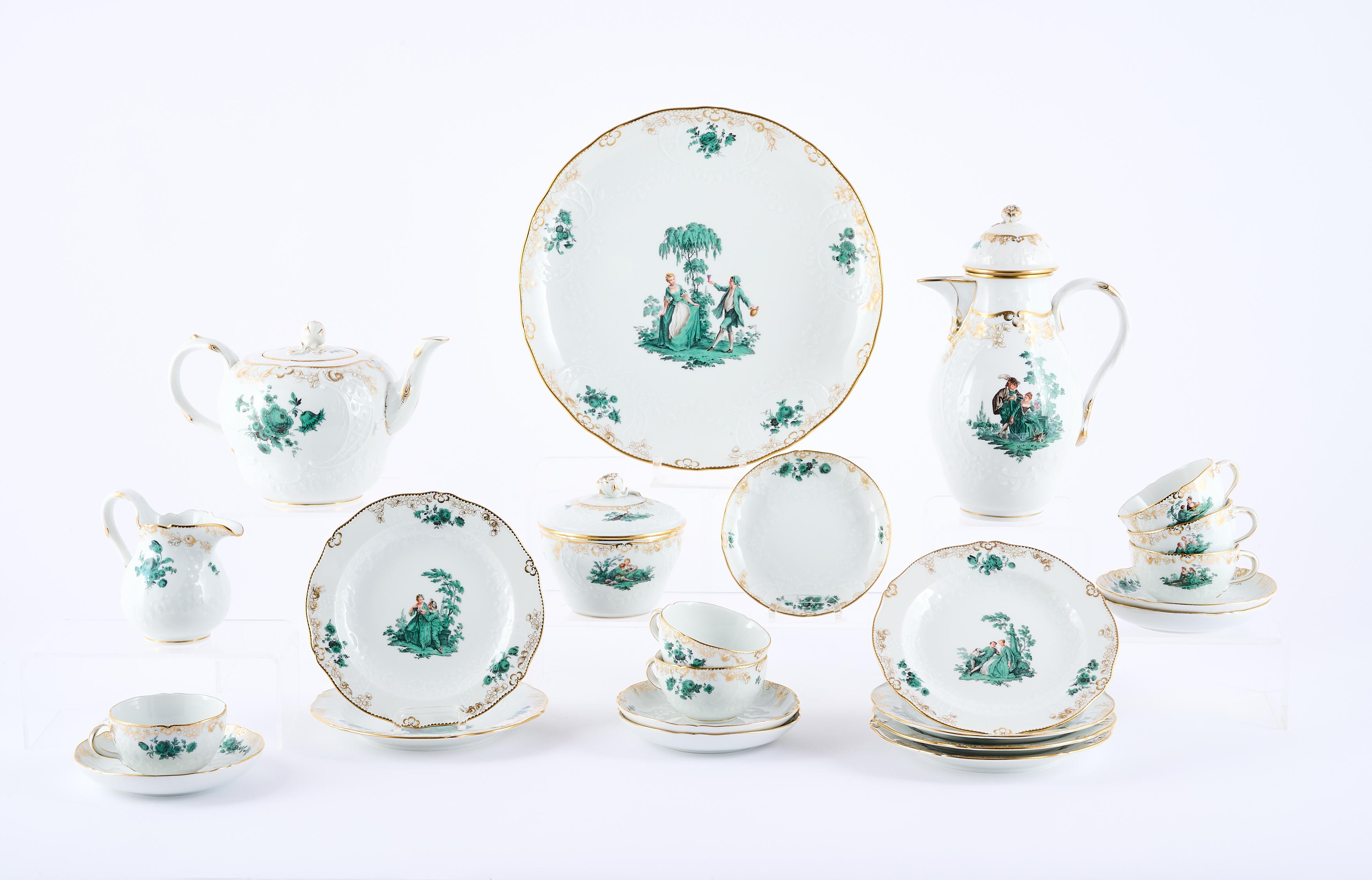 Meissen - Kaffee- und Teeservice 'Grüne Watteau- und Blumenmalerei' für sechs Personen, 81600-19, Van Ham Kunstauktionen