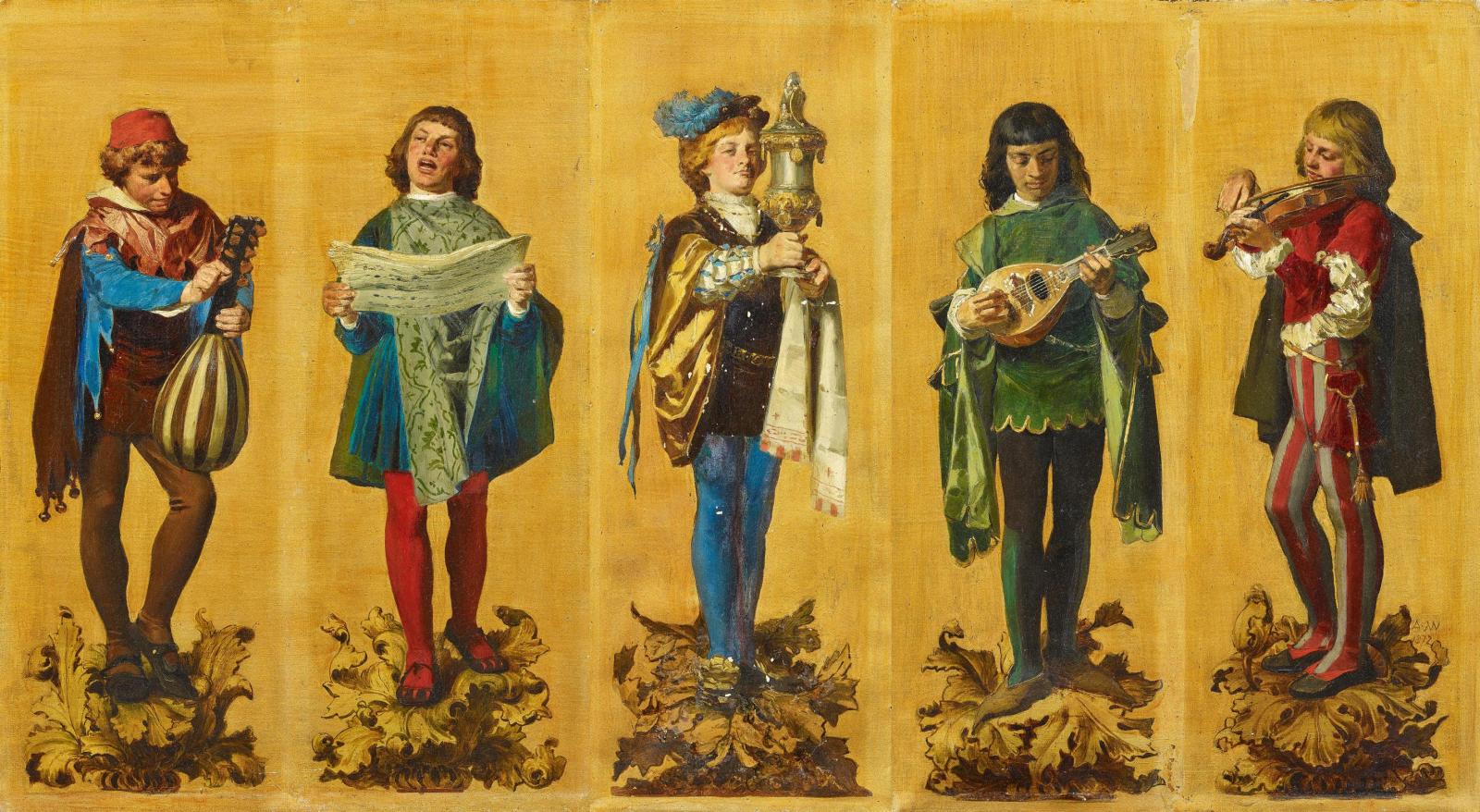 Anton Alexander von Werner - Fries mit fuenf Musikanten in historischem Kostuem, 59440-1, Van Ham Kunstauktionen