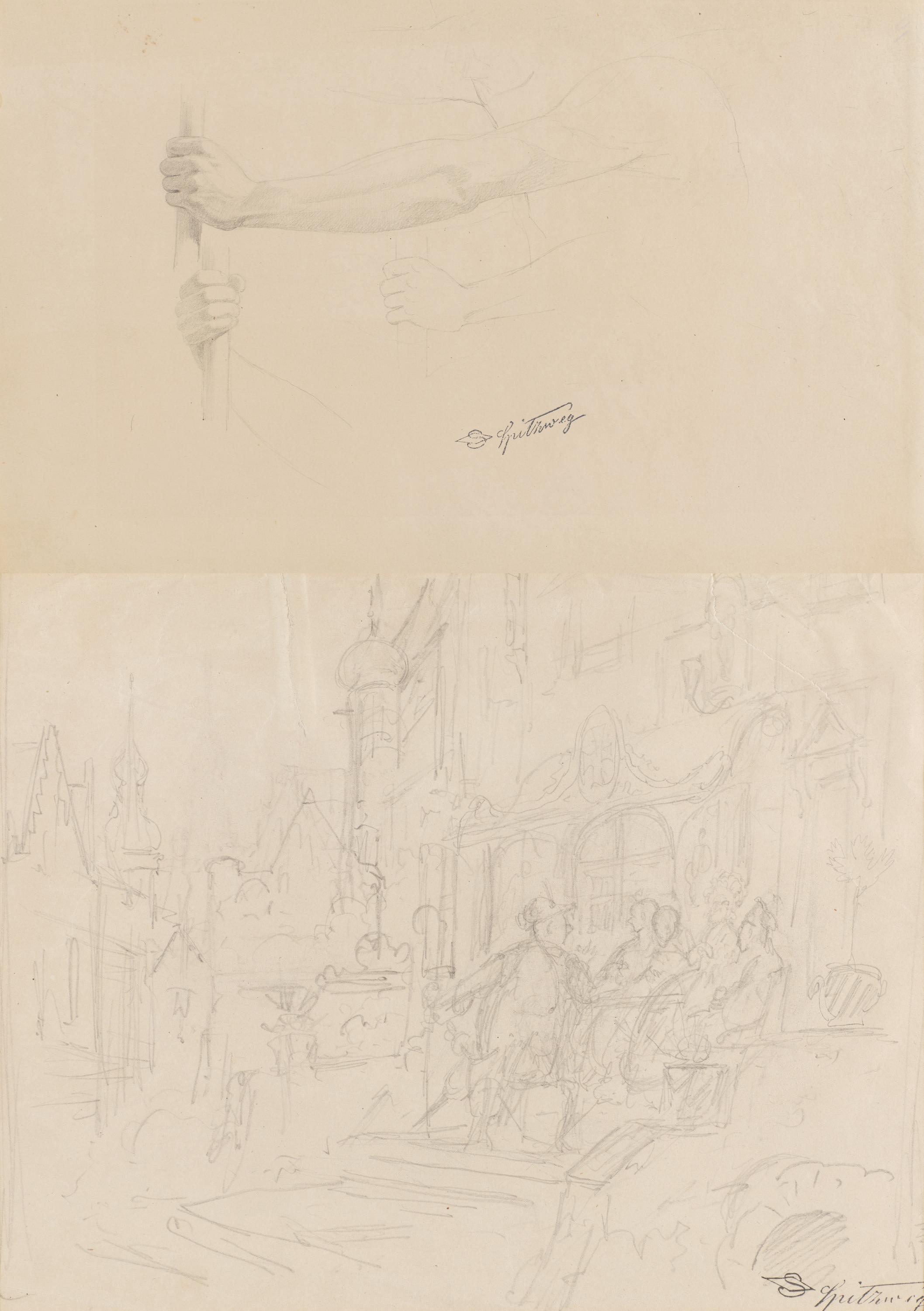 Carl Spitzweg - Zwei Zeichnung: Armstudie und Straßenszene, 82290-5, Van Ham Kunstauktionen