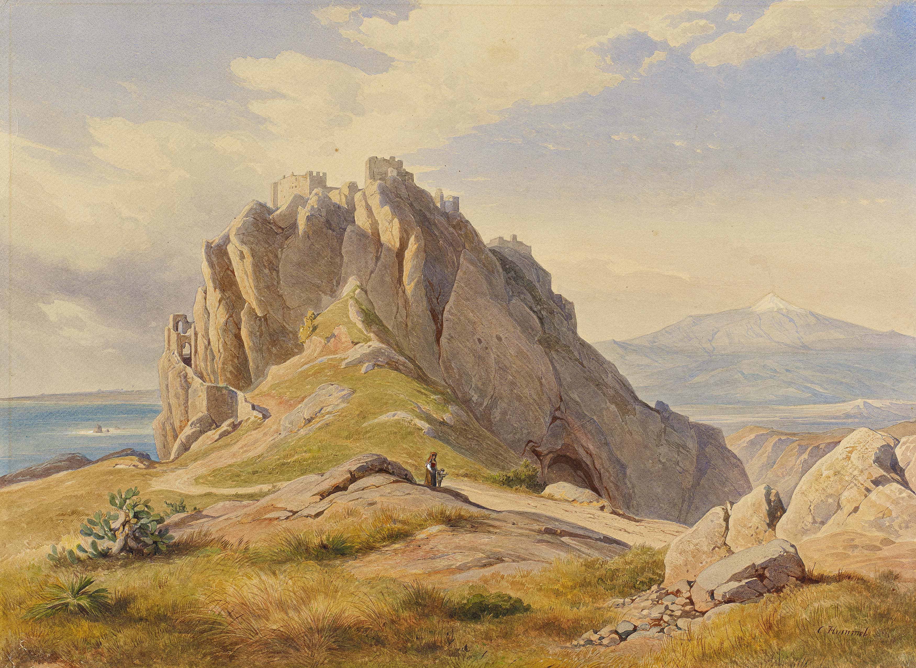 Carl Maria Nicolaus Hummel - Burgruine auf Sizilien mit Blick auf den verschneiten Aetna im Hintergrund, 68225-2, Van Ham Kunstauktionen