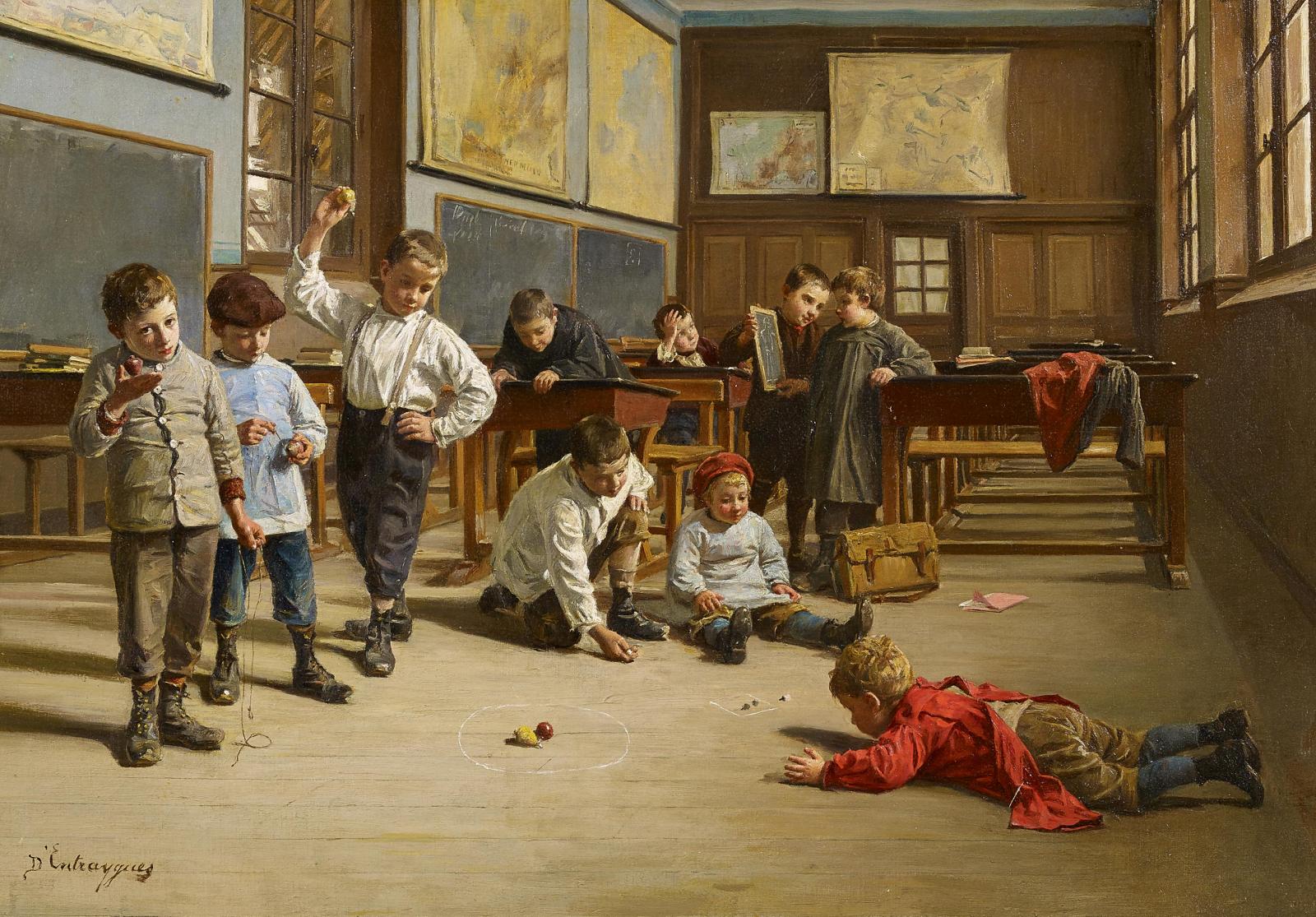 Charles Bertrand de Entraygues - Schuljungen beim Spielen mit Kreiseln im Klassenraum, 59403-2, Van Ham Kunstauktionen