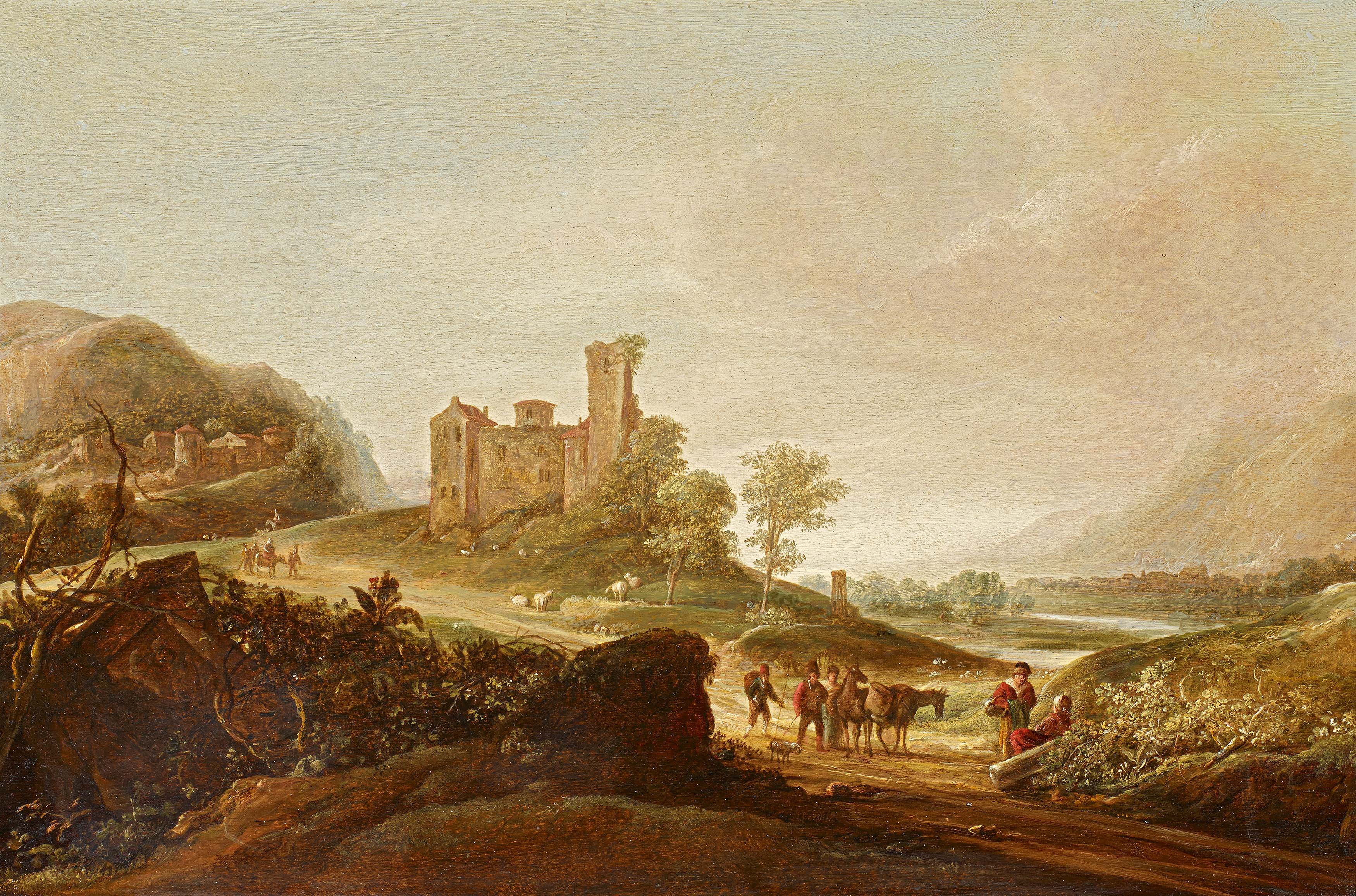 Cornelis Symonsz van der Schalcke - Italianisiernde Landschaft mit Reisenden vor einer alten Burganlage, 68166-18, Van Ham Kunstauktionen