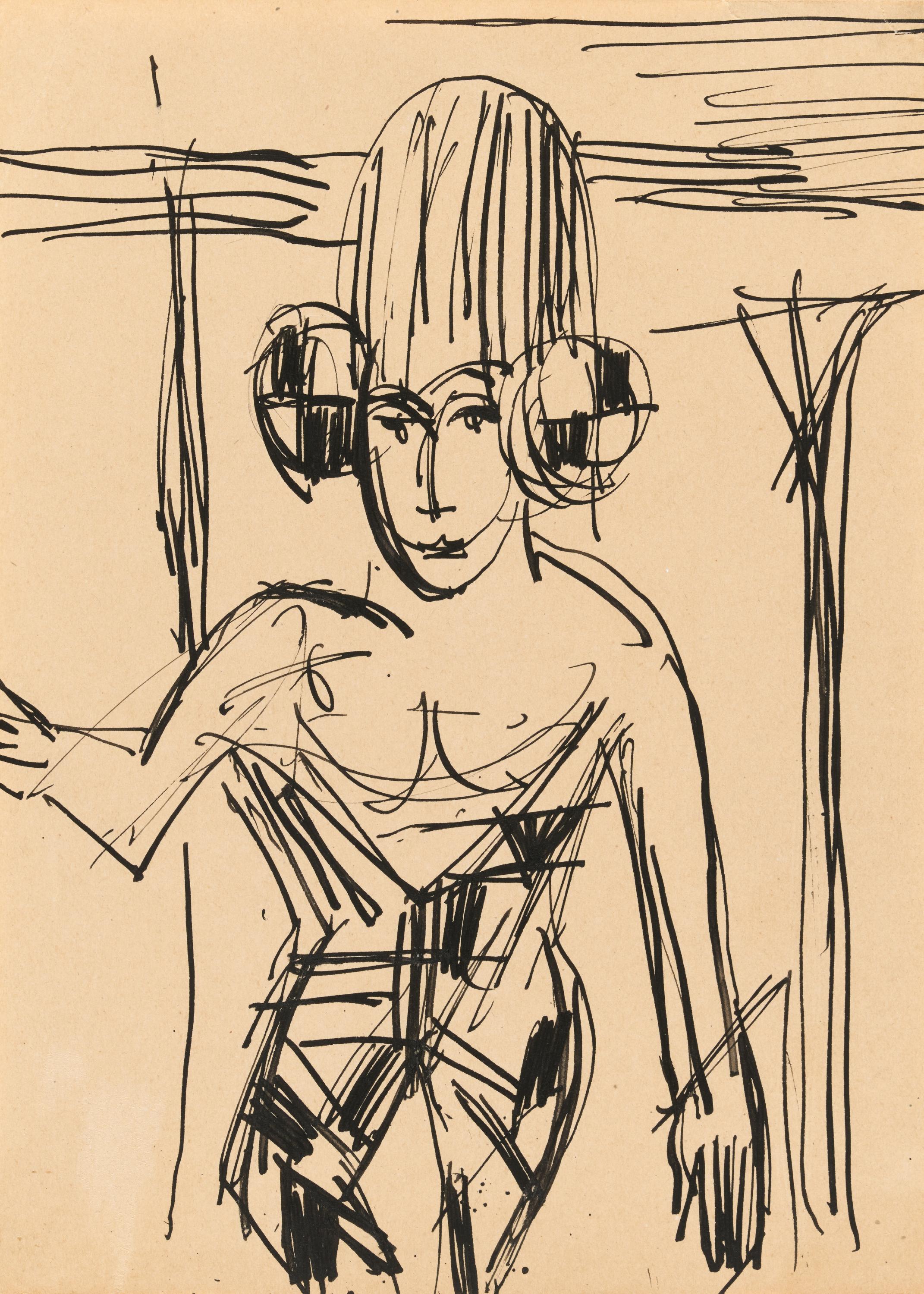 Ernst Ludwig Kirchner - Taenzerin mit hoher Kopfbedeckung Von vorne gesehen in dreiviertel Figur, 76949-52, Van Ham Kunstauktionen