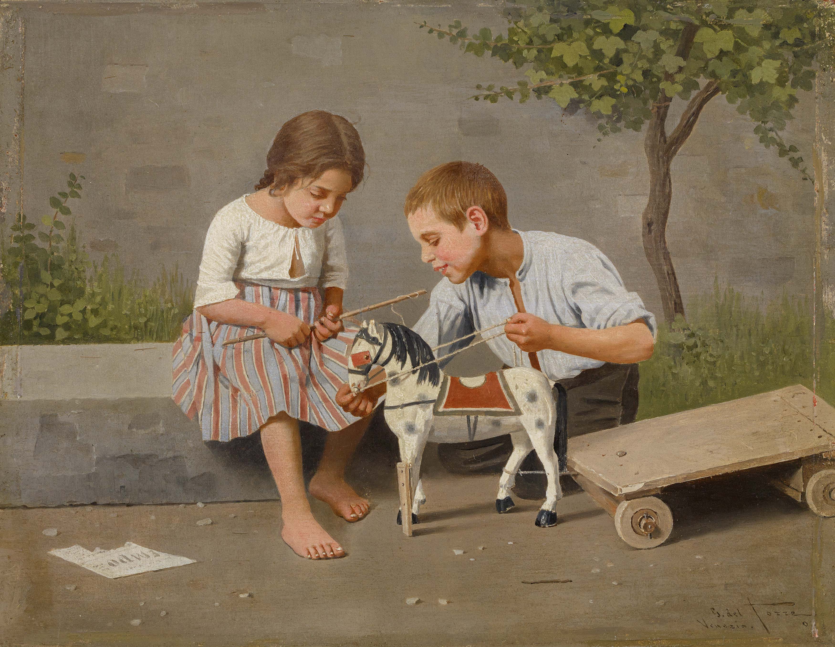 Giulio del Torre - Kinder mit Spielpferd, 74098-5, Van Ham Kunstauktionen