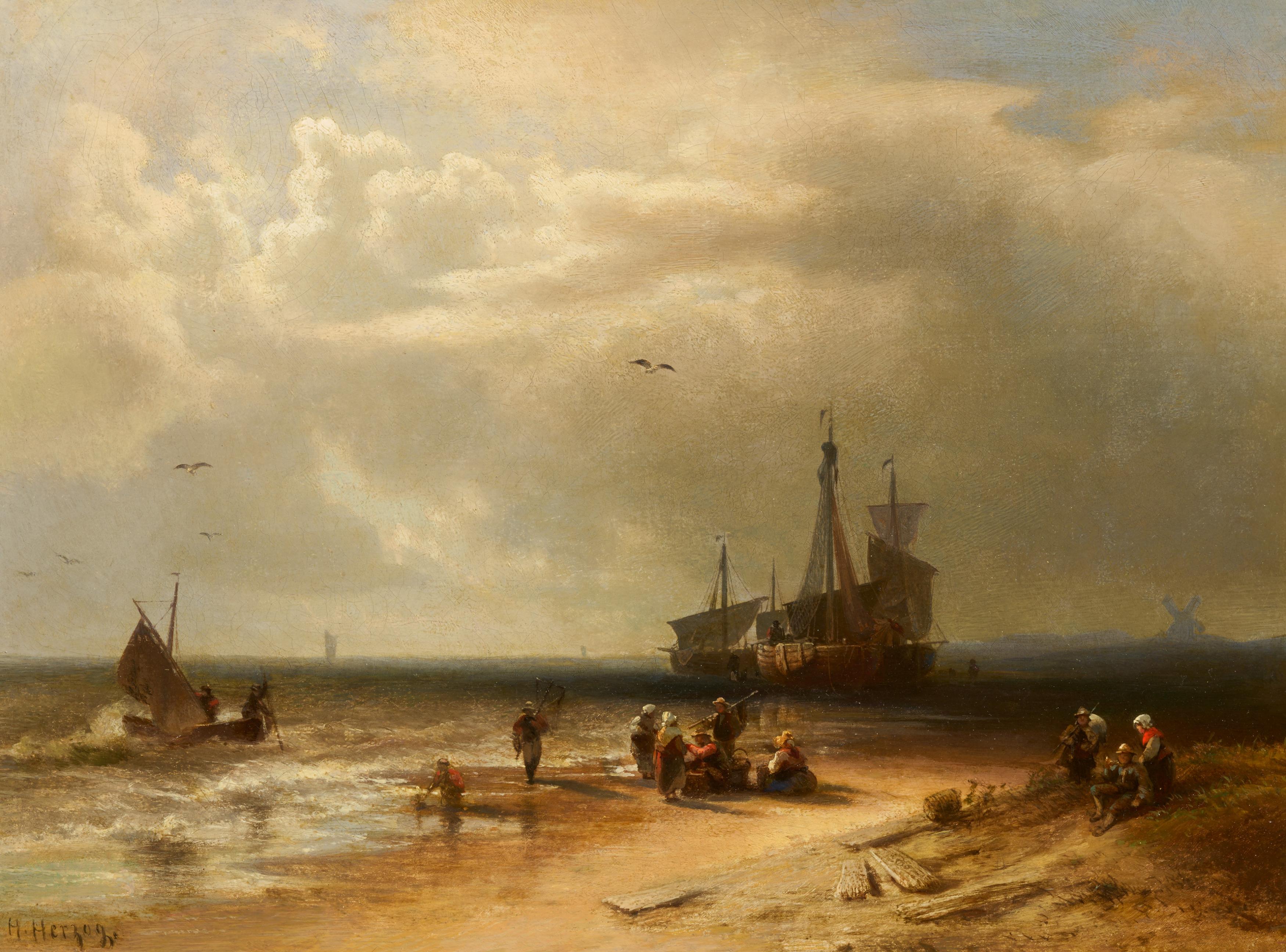 Hermann Herzog - Strandszene mit Fischern und Fischerbooten, 73593-11, Van Ham Kunstauktionen