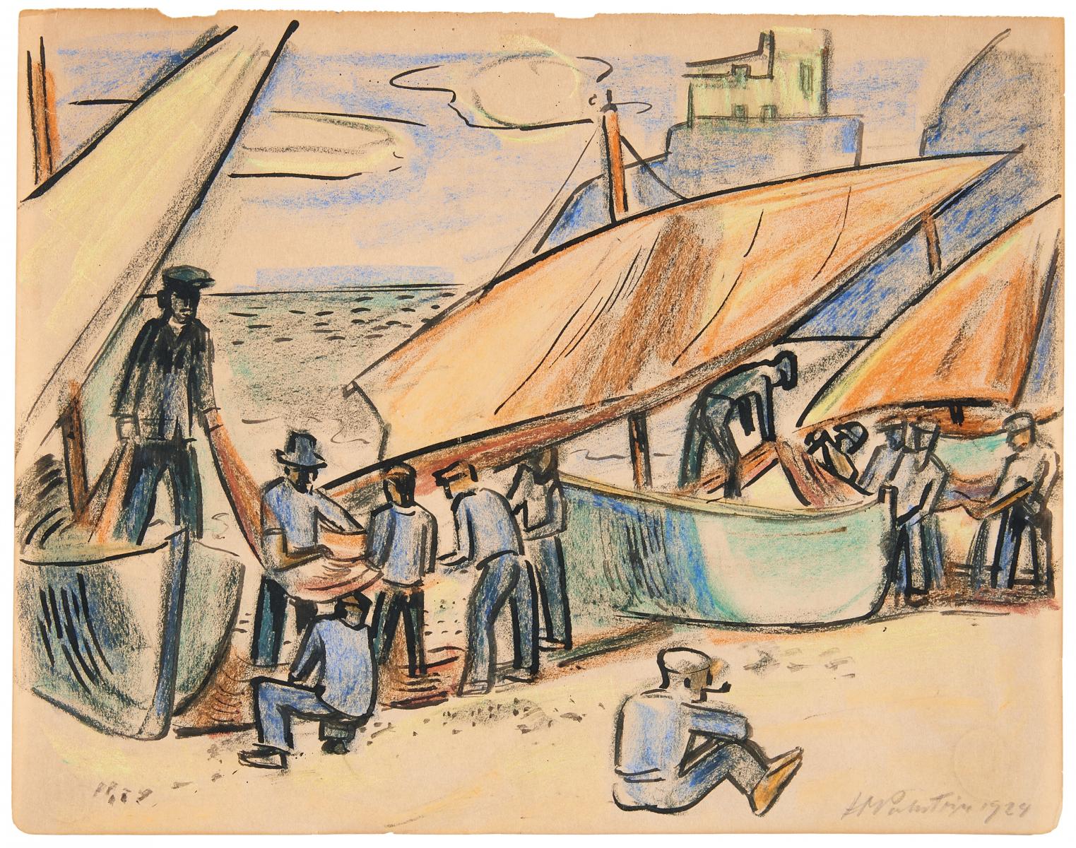 Hermann Max Pechstein - Beim Ausladen der Netze Fischer am Strand, 57264-2, Van Ham Kunstauktionen