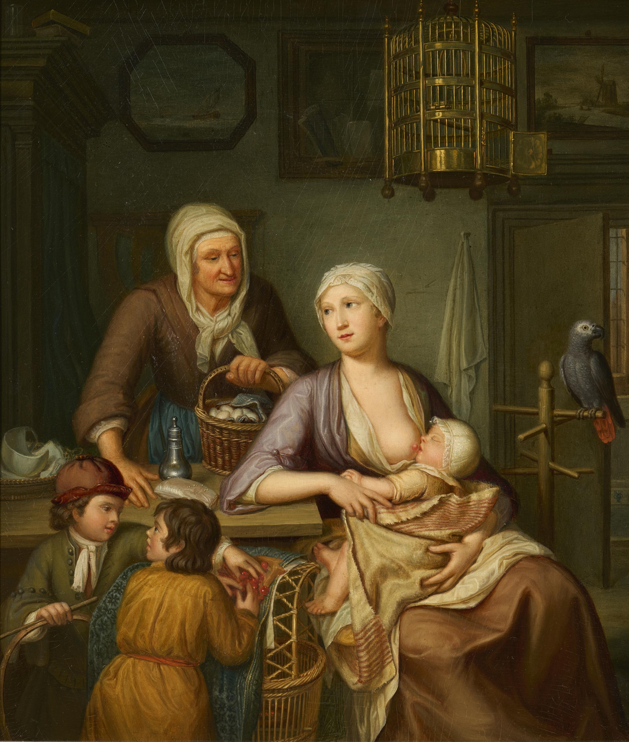 Hieronymus van der Mij - Interieur mit einer stillenden jungen Mutter und ihren Kindern Mit einer Maid und einem Papagei, 73860-2, Van Ham Kunstauktionen