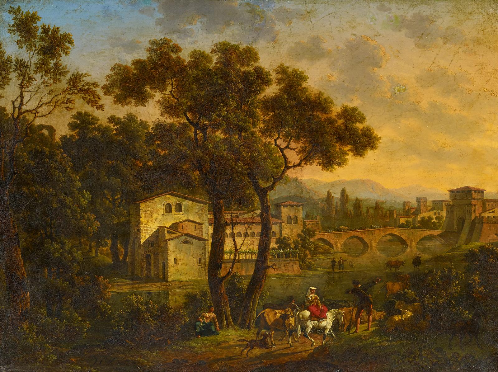 Hippolyte Lecomte - Ideale Landschaft mit Reisenden vor den Toren einer norditalienischen Stadt, 58702-1, Van Ham Kunstauktionen