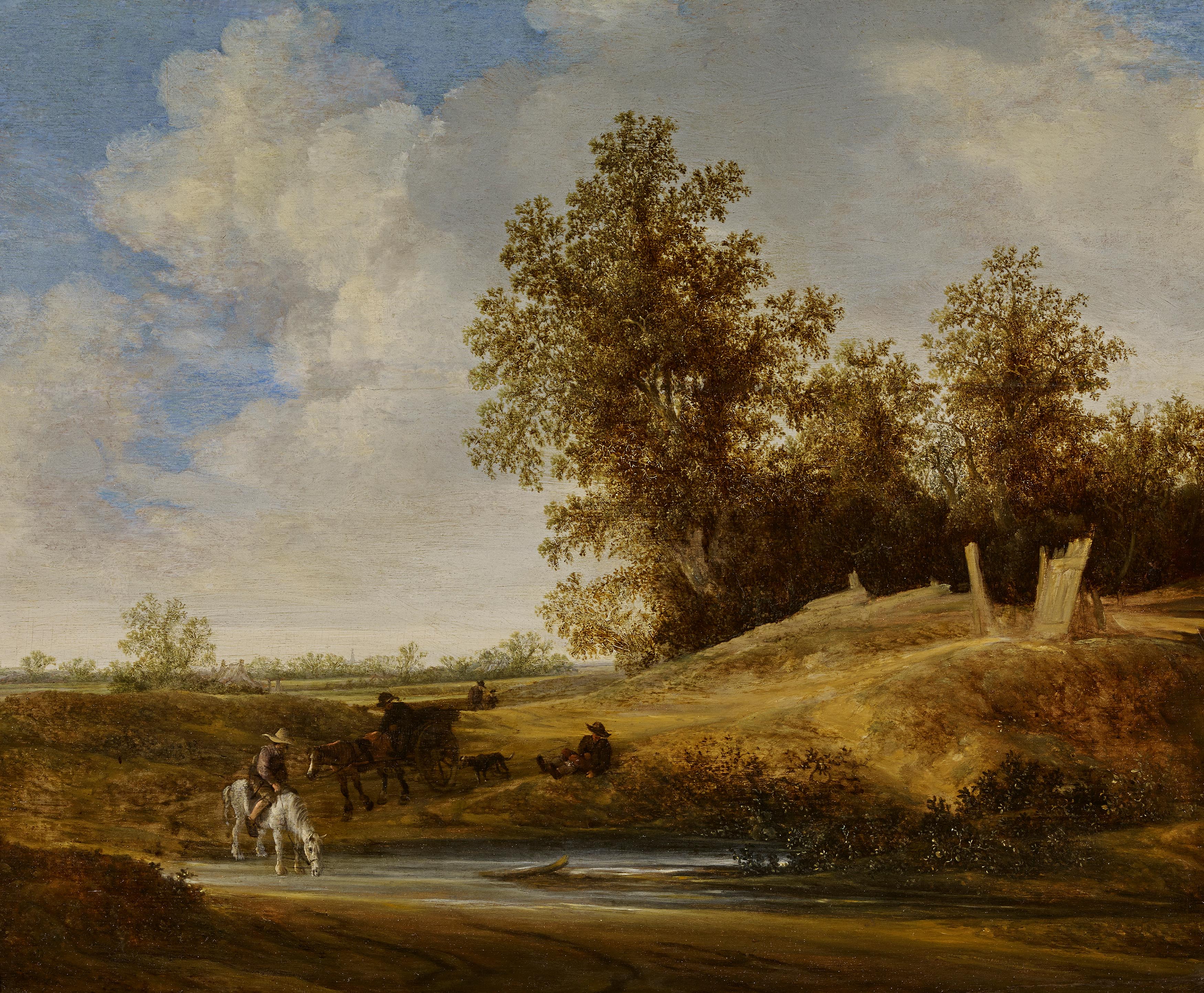 Jacob van Moscher - Flusslandschaft mit Reiter am Fusse eines Waldstueckes, 68416-16, Van Ham Kunstauktionen