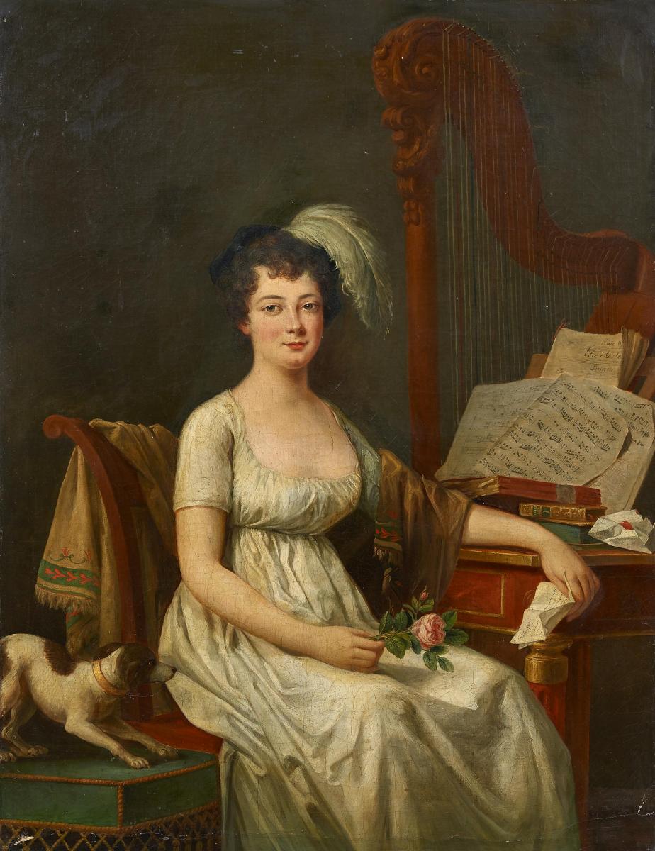 Jean-Francois Colson - Portraet einer jungen Dame mit mit Harfe und Notenblaettern, 59392-1, Van Ham Kunstauktionen