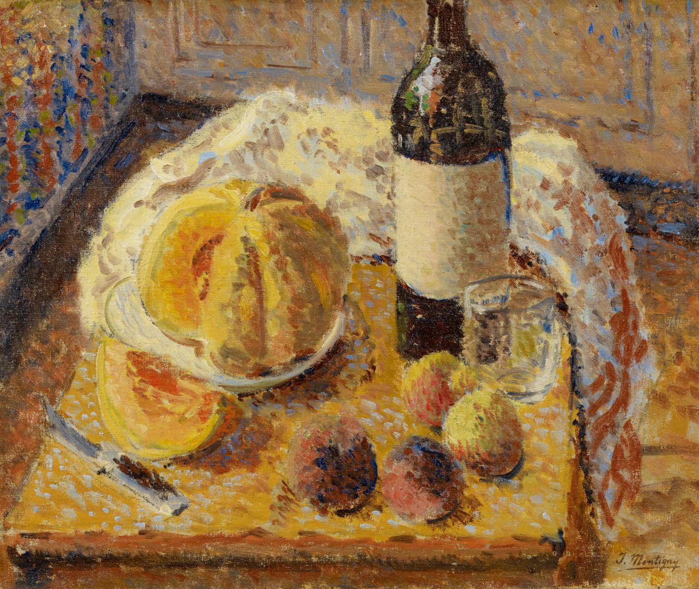 Jenny Montigny - Stillleben mit Melone Pfirsichen und einer Weinflasche, 65927-12, Van Ham Kunstauktionen