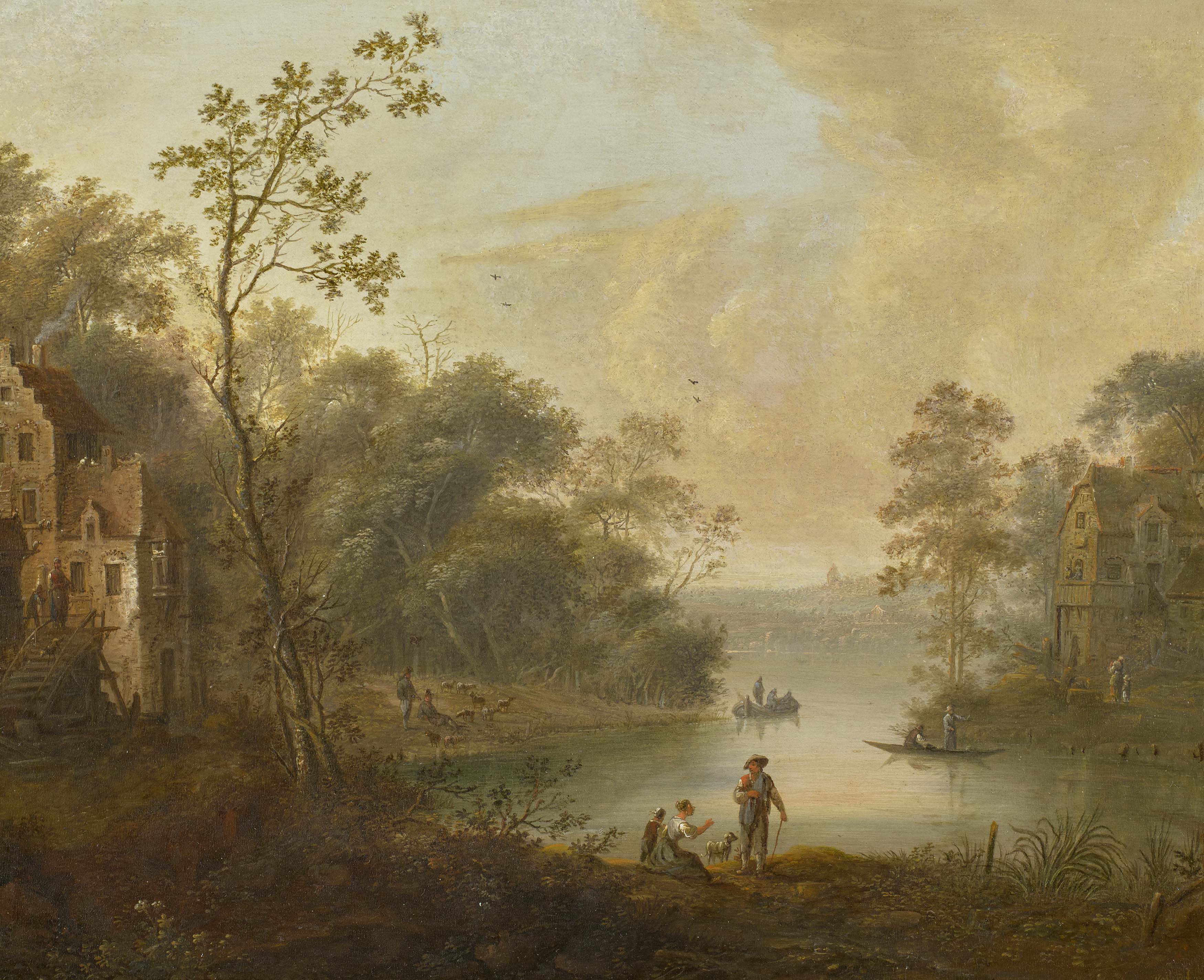 Johann Christian Vollerdt - Bewaldete Landschaft am See mit Haeusern und Pesonen am Ufer, 68416-36, Van Ham Kunstauktionen