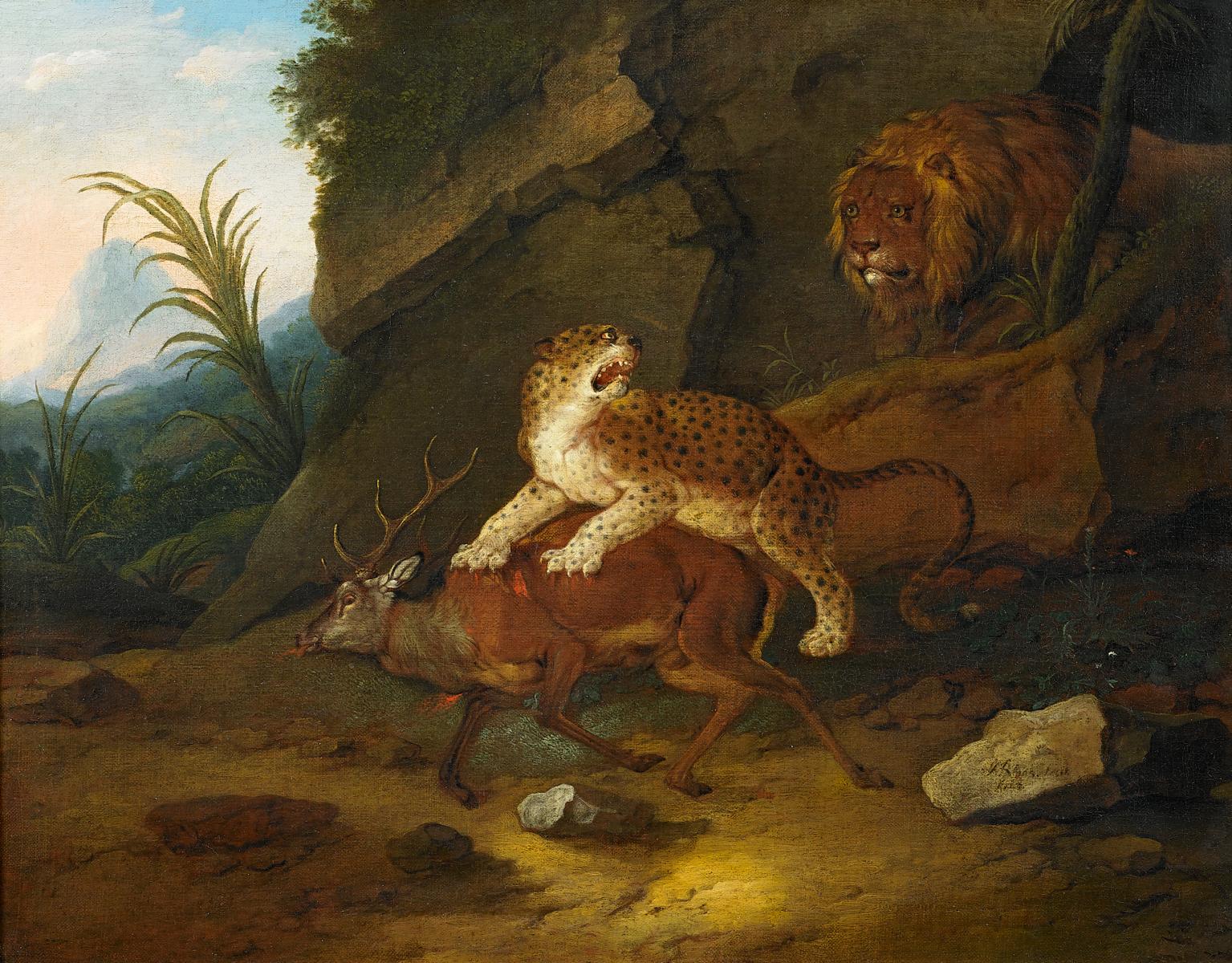 Johann Melchior Roos - Leopard und Loewe mit erlegtem Hirschen in orientalischer Landschaft, 60793-2, Van Ham Kunstauktionen
