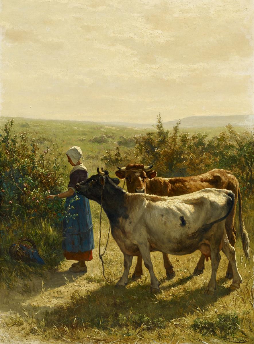 Johannes Hubertus Leonardus de Haas - Junge Hirtin mit ihrem Vieh in weiter hollaendischer Weidelandschaft, 58667-1, Van Ham Kunstauktionen