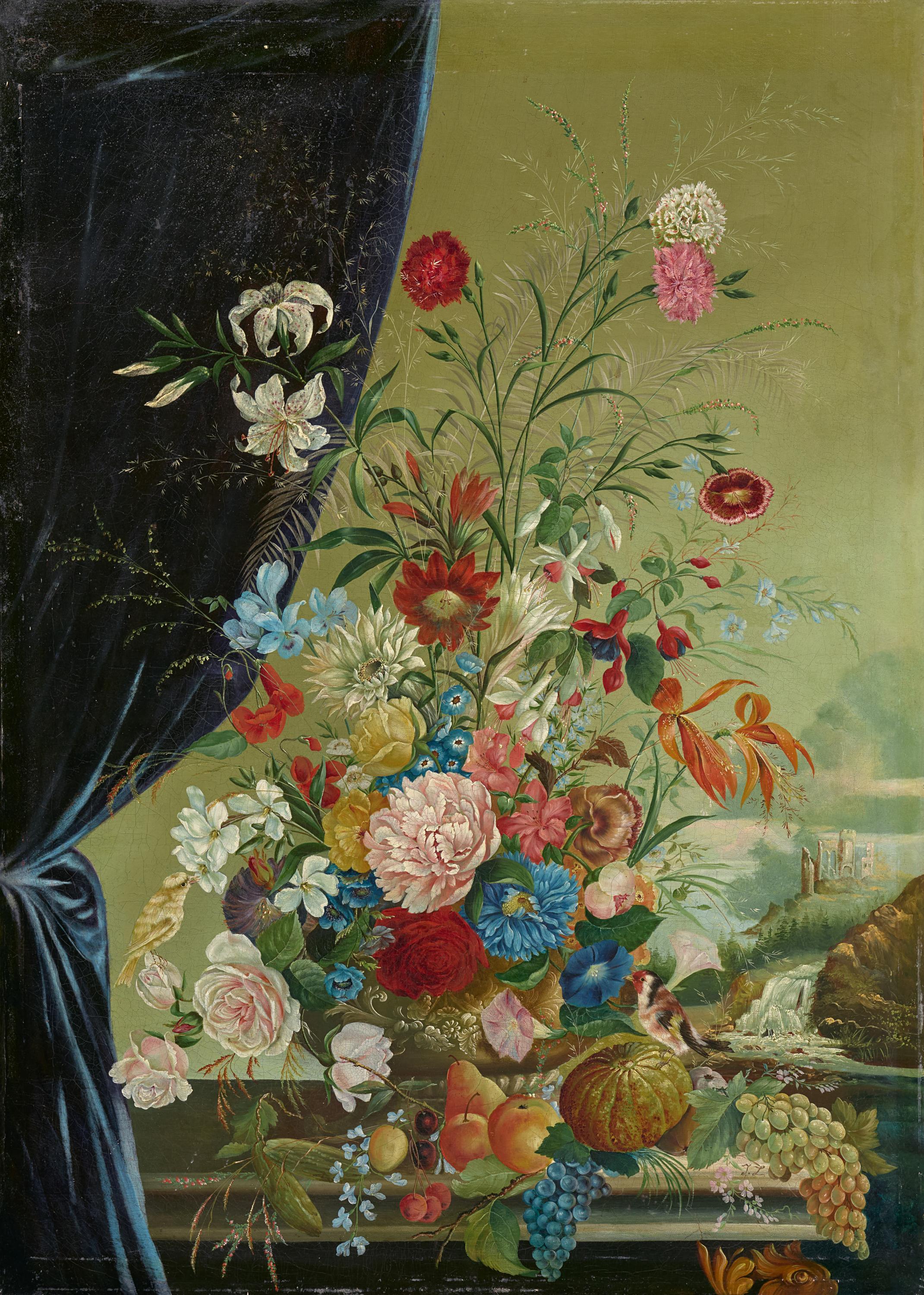 Josef Lauer - Praechtiges Blumenstilleben mit Voegeln, 82075-1, Van Ham Kunstauktionen