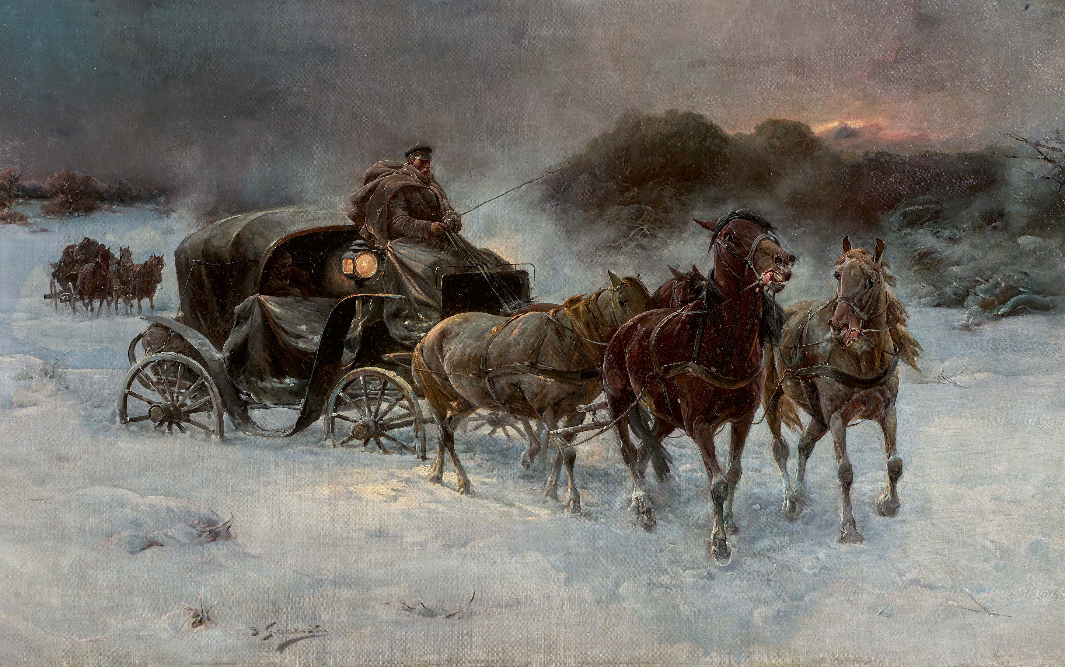 Joseph Konarski - Pferdekutschen an einem Winterabend, 75160-1, Van Ham Kunstauktionen