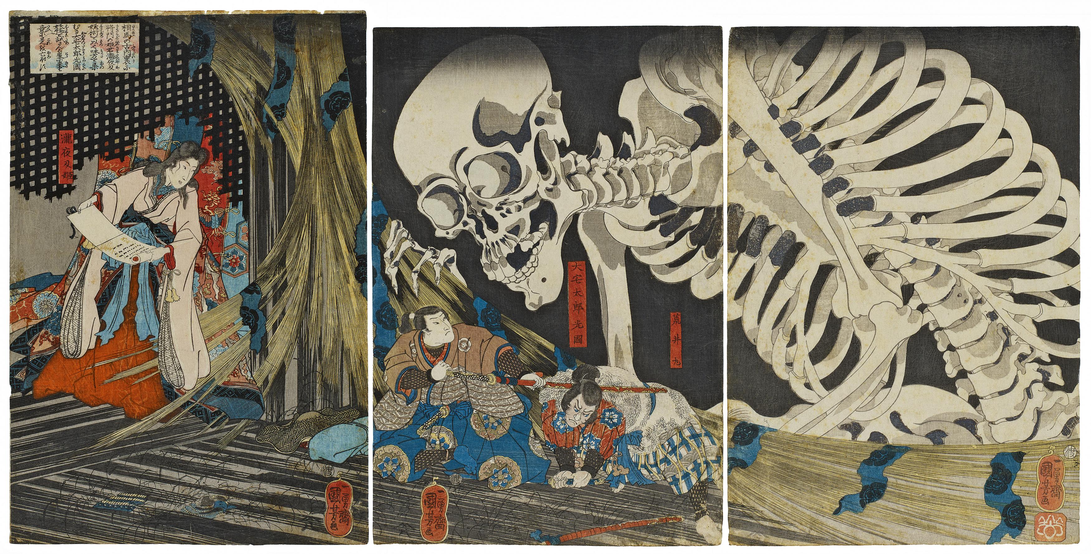 Kuniyoshi Utagawa - Holzschnitt Triptychon Das Riesenskelett erscheint vor Mitsukuni, 68001-22, Van Ham Kunstauktionen