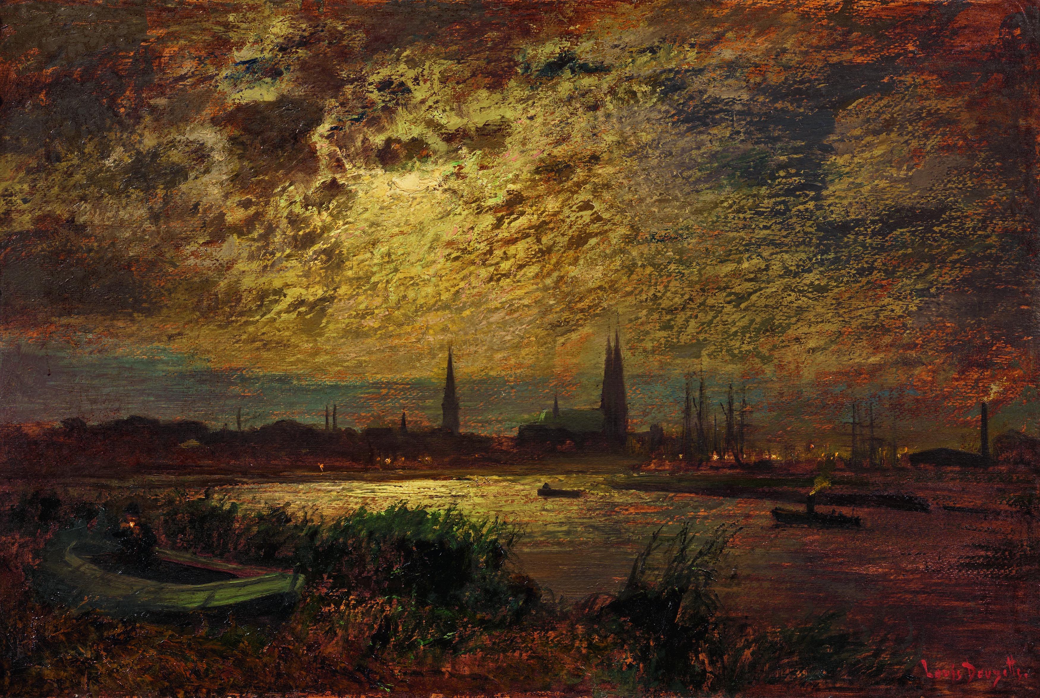 Louis Douzette - Naechtlicher Blick ueber die Trave auf Luebeck, 79042-1, Van Ham Kunstauktionen