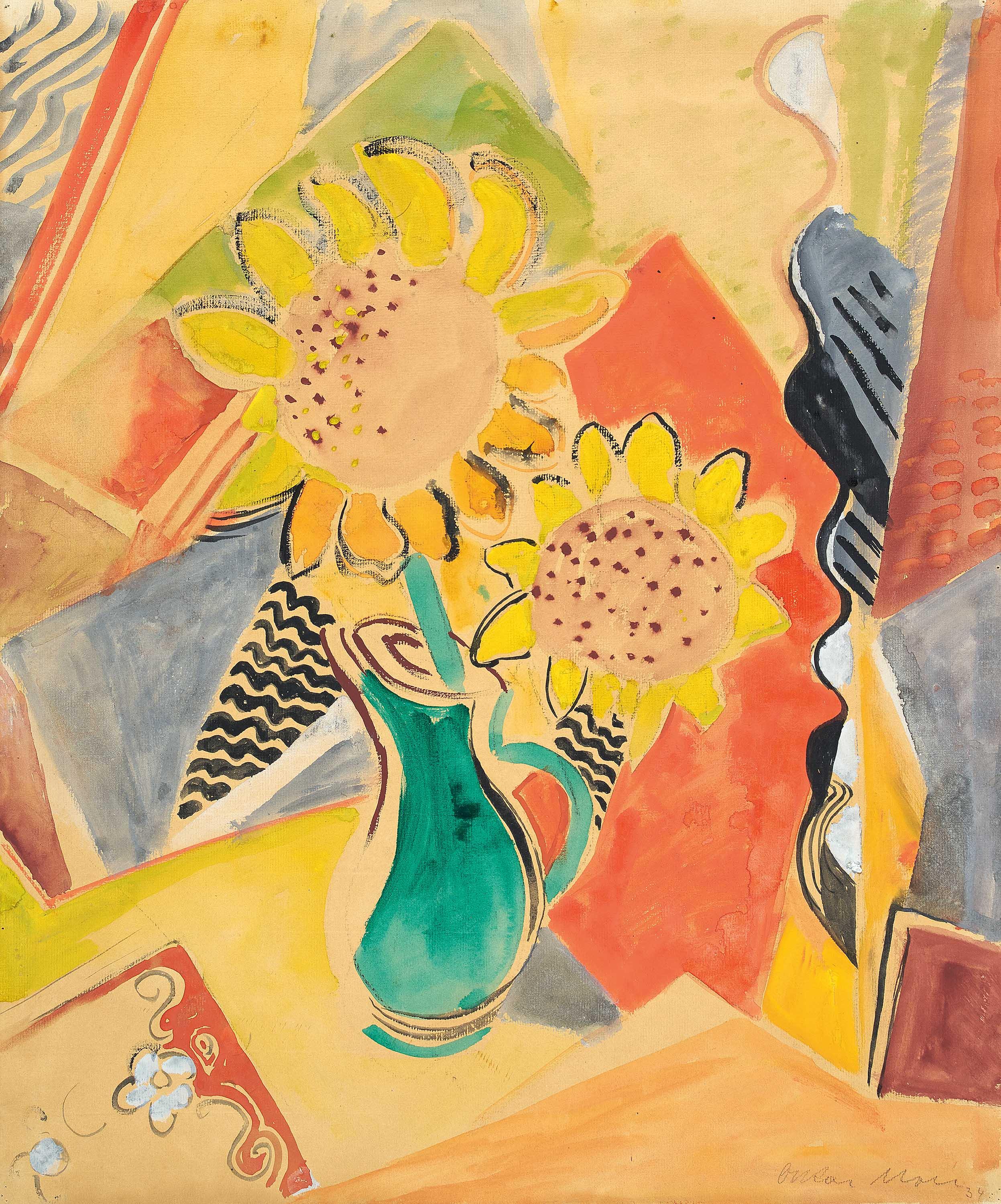 Oskar Moll - Sonnenblumen in gruener Vase, 73276-1, Van Ham Kunstauktionen
