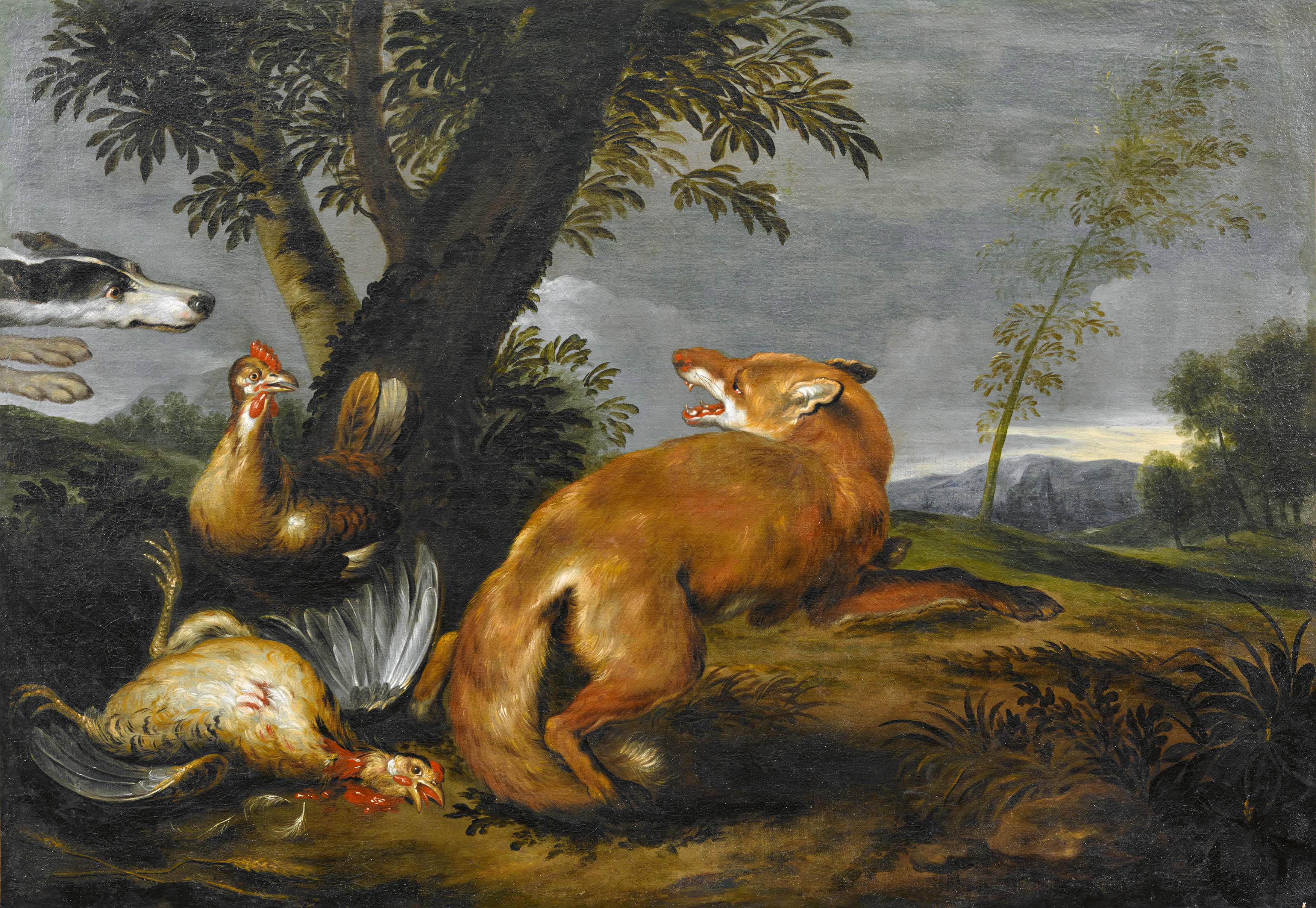 Paul de Vos - Fuchs auf der Huehnerjagd vom Hund ueberrascht, 73458-1, Van Ham Kunstauktionen