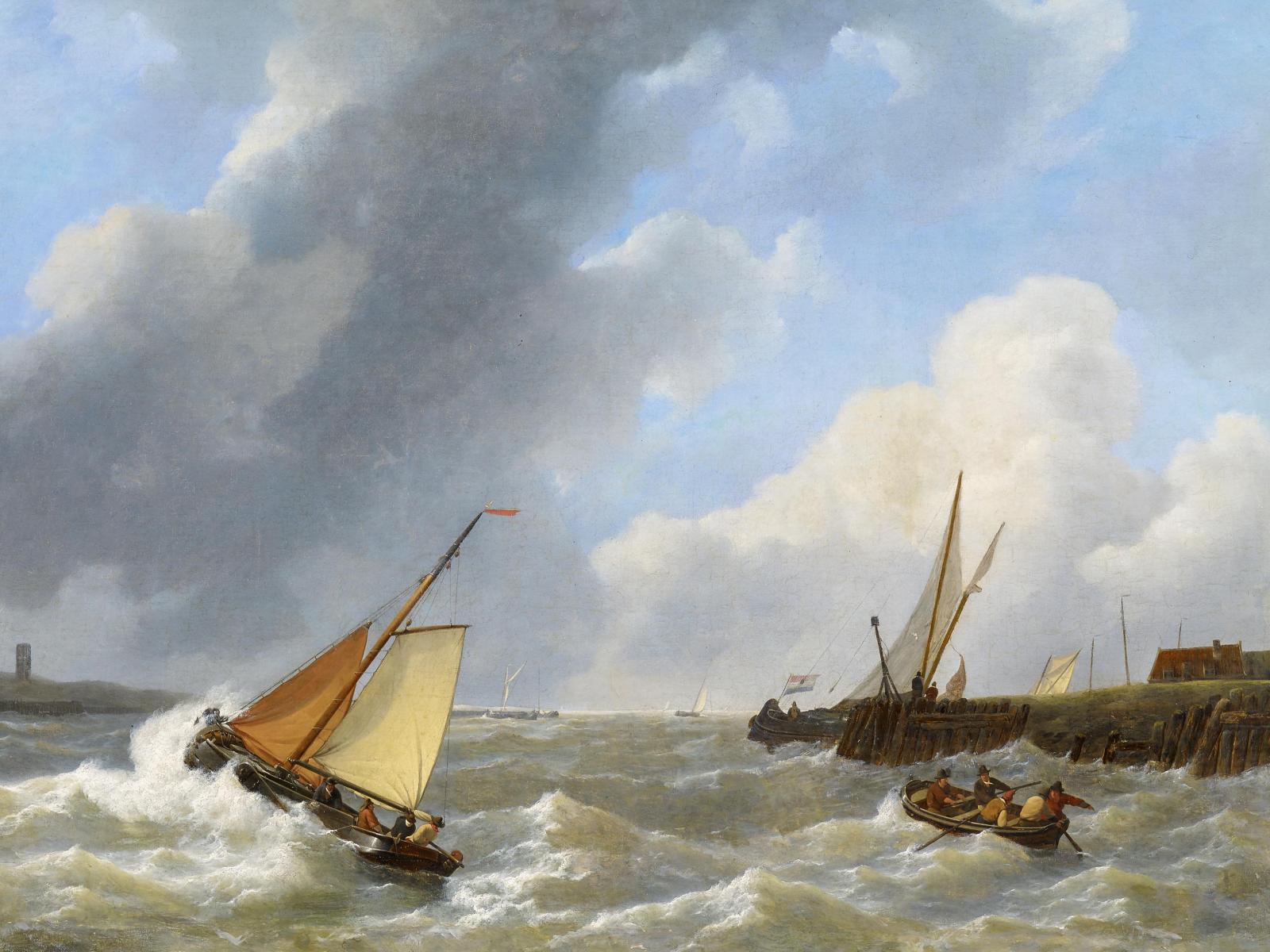 Petrus Johannes Schotel - Boote bei stuermischer See in der Flussmuendung, 59682-2, Van Ham Kunstauktionen