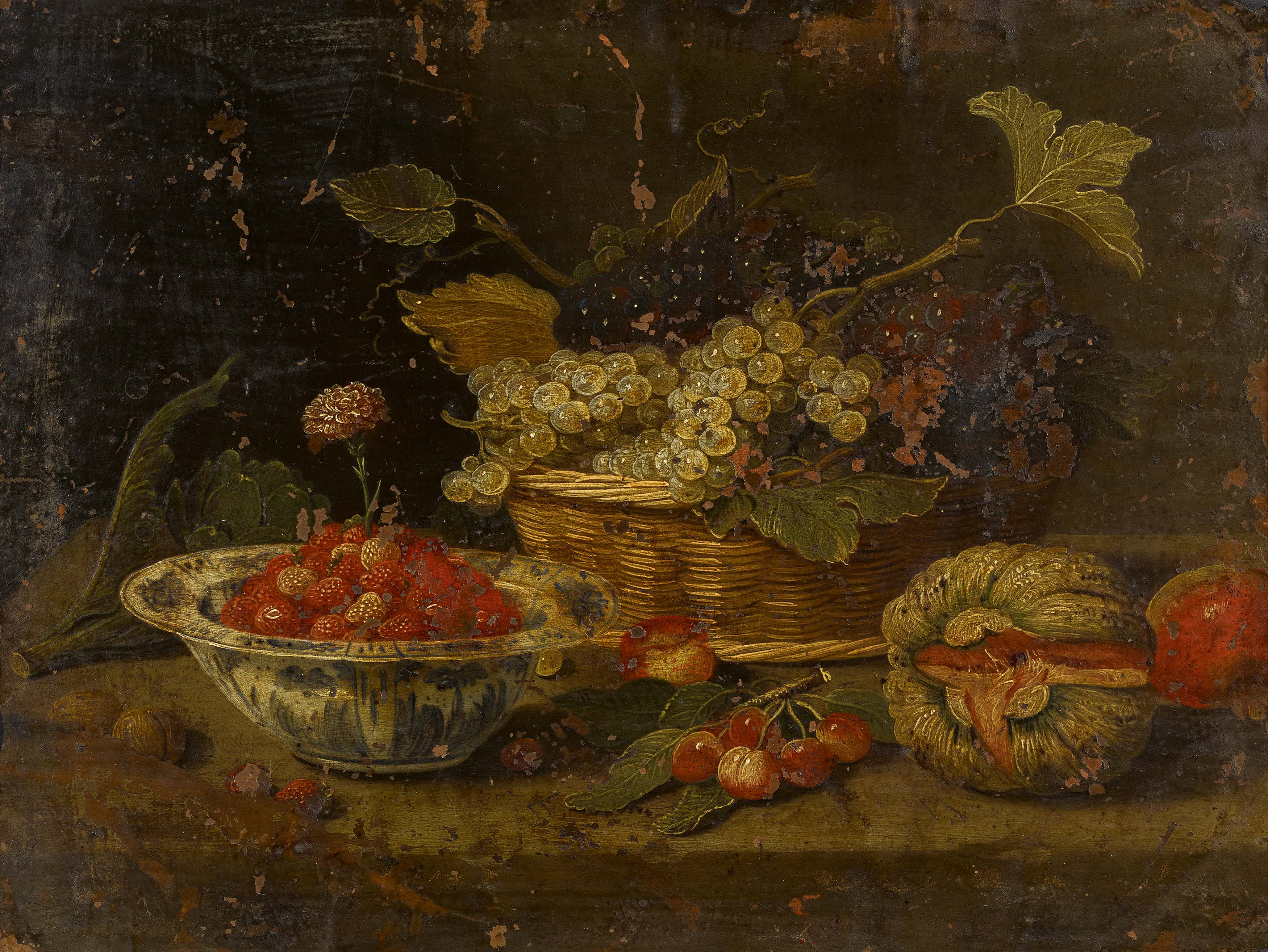 Pseudo-Jan van Kessel - Stillleben mit einem Korb Weintrauben einer Porzellanschuessel mit Erdbeeren und einer Melone, 68285-1, Van Ham Kunstauktionen