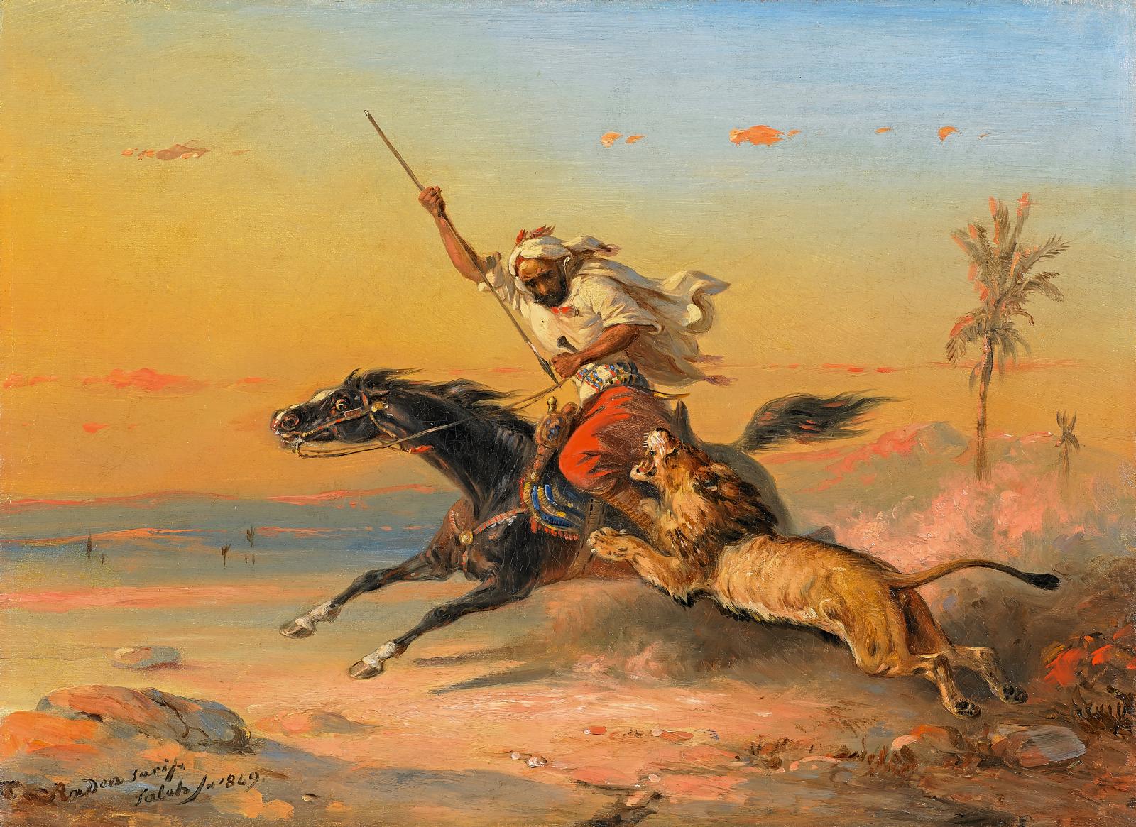 Raden Saleh Ben Jaggia - Araber zu Pferd von einem Loewen angegriffen, 59978-1, Van Ham Kunstauktionen