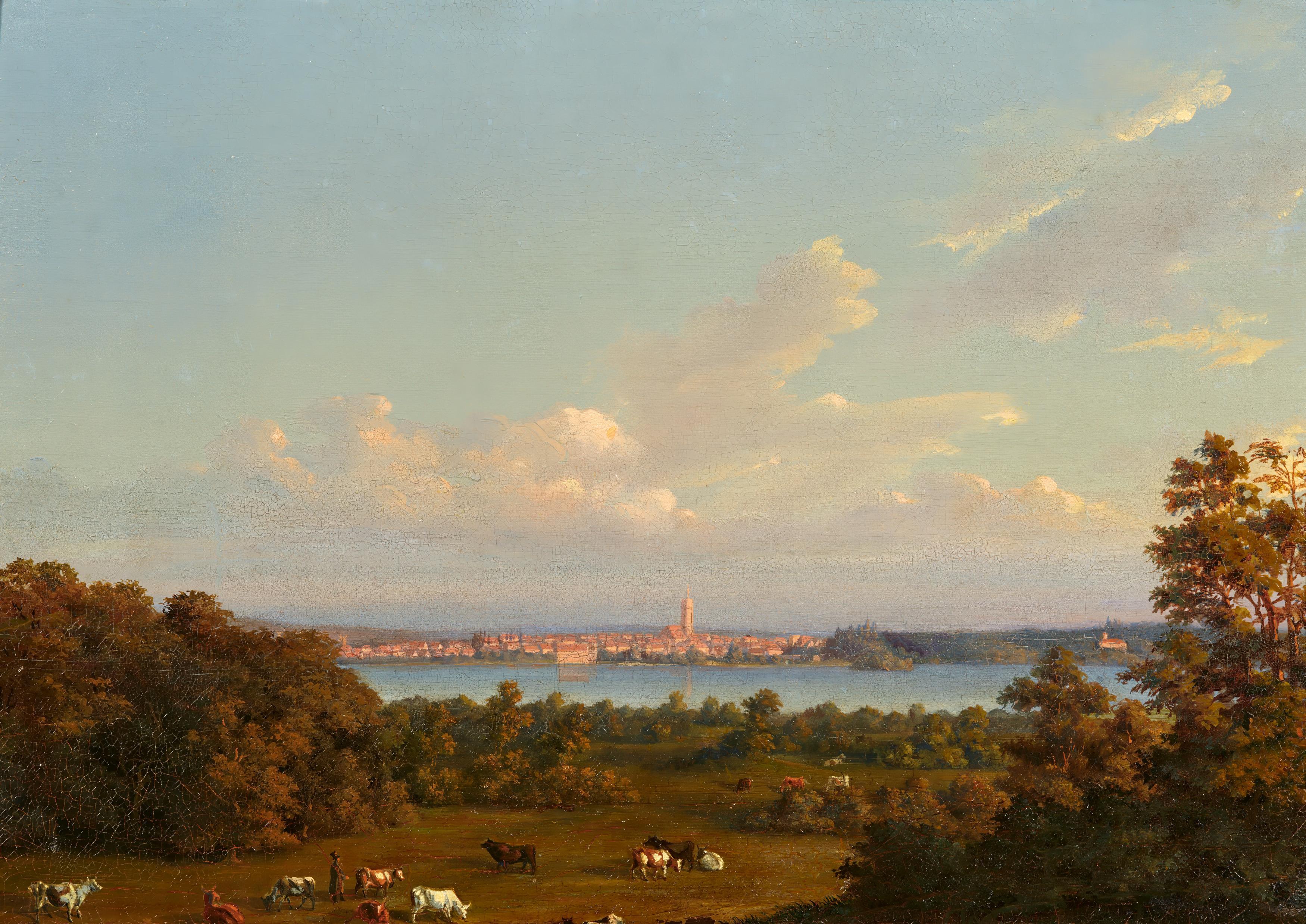 Wilhelm Riefstahl - Blick von der Kuhbruecke bei Neustrelitz ueber den Zierker See auf Stadt und Stadtkirche, 81606-1, Van Ham Kunstauktionen