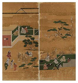 Zwei Teile aus einem Stellschirm mit Samurai und Damen, 65367-1, Van Ham Kunstauktionen