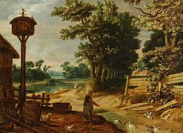 Johannes Urselincx - Hollaendische Landschaft mit einer Baeuerin die Enten fuettert, 300013-15, Van Ham Kunstauktionen