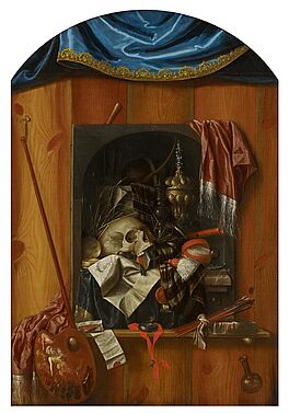 Franciscus Gysbrechts - Trompe-loeil eines Vanitas-Stilllebens mit Uhr und Totenschaedel auf einem Regal an einer Wand daneben Malutensilien, 68001-31, Van Ham Kunstauktionen