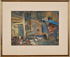 Carl Ruedell - Interieur eines Bauernhauses mit Gaensen und Kindern, 69491-1, Van Ham Kunstauktionen