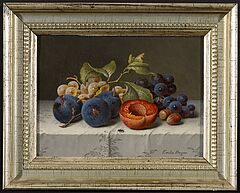 Emilie Preyer - Stillleben mit Weintrauben Plaumen am Zweig einer aufgeschnittenen Aprikose und Haselnuessen, 70245-1, Van Ham Kunstauktionen