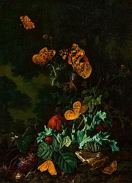 Elias van den Broeck - Waldbodenstillleben mit Schmetterlingen und Frosch, 73145-1, Van Ham Kunstauktionen