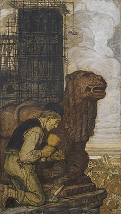 Matthaeus Schiestl - Zwei Arbeiten Steinmetze bei der Arbeit an Wasserspeieren auf der Baustelle einer gotischen Kathedrale, 69701-1, Van Ham Kunstauktionen