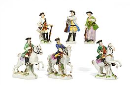 Meissen - Drei Miniatur Jaegerfiguren und drei Soldaten zu Pferd, 58197-17, Van Ham Kunstauktionen