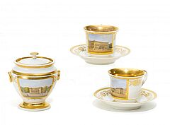 KPM - Paar Tassen mit Untertassen und Zuckerdose mit Berliner Ansichten, 55626-1, Van Ham Kunstauktionen