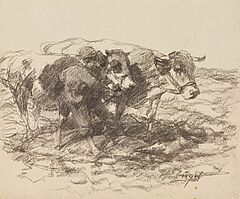Heinrich von Zuegel - Zwei Kohlezeichnungen Ochsengespann  Schafe vor der Stalltuer, 69927-15, Van Ham Kunstauktionen