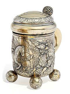 Grosser Historismus Deckelhumpen mit Belagerungsszene und grosser Daumenrast, 56867-1, Van Ham Kunstauktionen