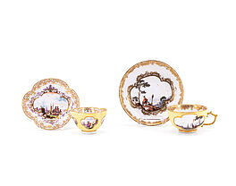 Meissen - Henkeltasse und Untertasse mit Landschaftskartuschen und Gelbfond amp passiges Koppchen und Untertasse mit Kauffahrteiszenen und Gelbfond, 76821-252, Van Ham Kunstauktionen