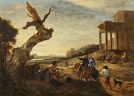 Jan Baptist Weenix - Ideale suedliche Landschaft mit reisenden Landvolk vor roemischen Tempelruinen, 81652-1, Van Ham Kunstauktionen