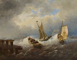Andreas Achenbach - Drei Boote bei stuermischem Wetter an der Mole, 68178-1, Van Ham Kunstauktionen