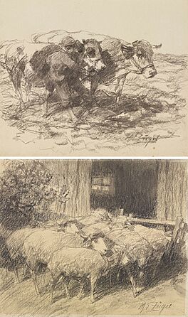 Heinrich von Zuegel - Zwei Kohlezeichnungen Ochsengespann Schafe vor der Stalltuer, 69927-15, Van Ham Kunstauktionen