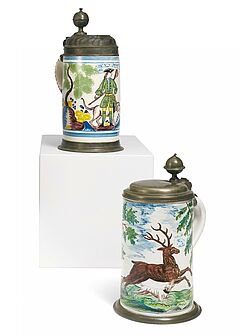 Walzenkrug mit Hirschjagd und Walzenkrug mit Jaeger und seinem Hund, 80743-18, Van Ham Kunstauktionen
