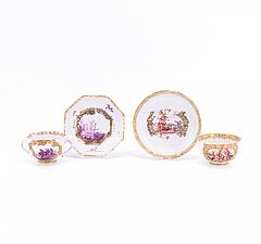 Meissen - Zwei Tassen amp Untertassen mit Dekoren in grossen Kartuschen, 76821-39, Van Ham Kunstauktionen