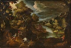 Niederländische Schule - Große bewaldete Flusslandschaft mit Jagdgesellschaft, 81345-8, Van Ham Kunstauktionen