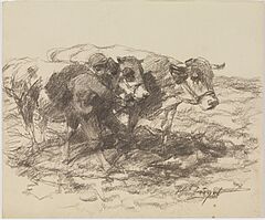 Heinrich von Zuegel - Zwei Kohlezeichnungen Ochsengespann  Schafe vor der Stalltuer, 69927-15, Van Ham Kunstauktionen