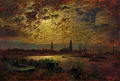 Louis Douzette - Naechtlicher Blick ueber die Trave auf Luebeck, 79042-1, Van Ham Kunstauktionen