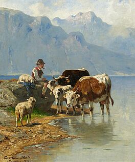 Christian Friedrich Mali - Huetebub mit Kuehen und Schafen am Bergsee, 59255-1, Van Ham Kunstauktionen