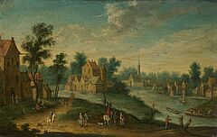 Unbekannter Kuenstler - Dorf am Fluss mit Staffage, 76678-1, Van Ham Kunstauktionen